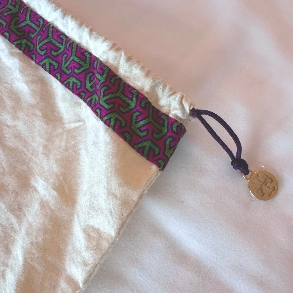 Tory Burch Cream Canvas Drawstring Dust Bag Gold Logo Charm Purple‎ Green Trim